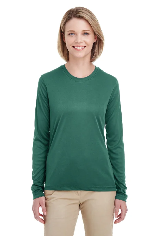 Affordable hoodies for women-UltraClub Womens Cool & Dry Performance Moisture Wicking Long Sleeve Crewneck T-Shirt - Forest Green