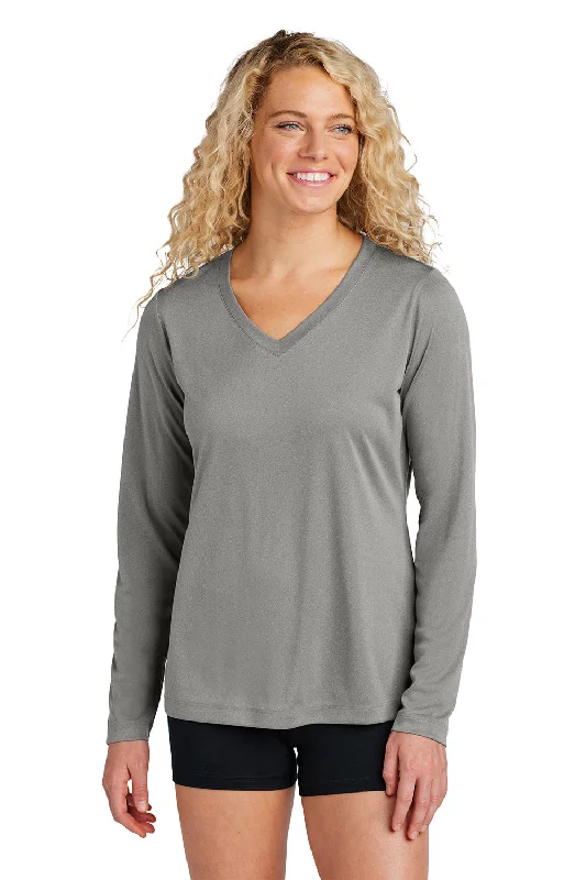 Luxury evening gowns in red-Sport-Tek Womens Competitor Moisture Wicking Long Sleeve V-Neck T-Shirt - Heather Concrete Grey