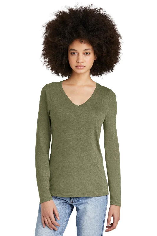 Affordable trench coats for women-District Womens Perfect Tri Long Sleeve V-Neck T-Shirt - Military Green Frost