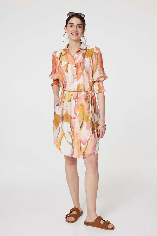 Luxury cocktail dresses with pearls-Printed 3/4 Puff Sleeve Shirt Dress