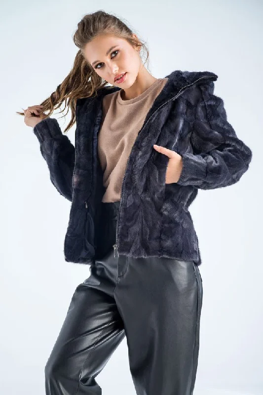 Chic leather tops for women-Gray Genuine Mink Fur Hooded Jacket