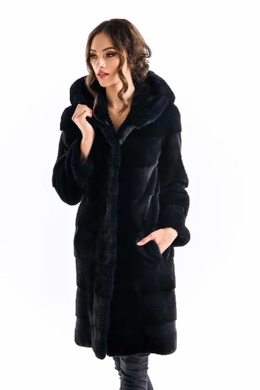 Soft flannel shirts for women-Navy Blue Genuine Mink Fur Hooded Maxi Coat