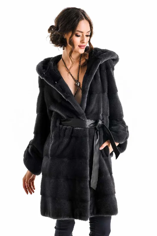 Affordable cardigans for layering-Anthracite Elegant Genuine Mink Fur Hooded Coat