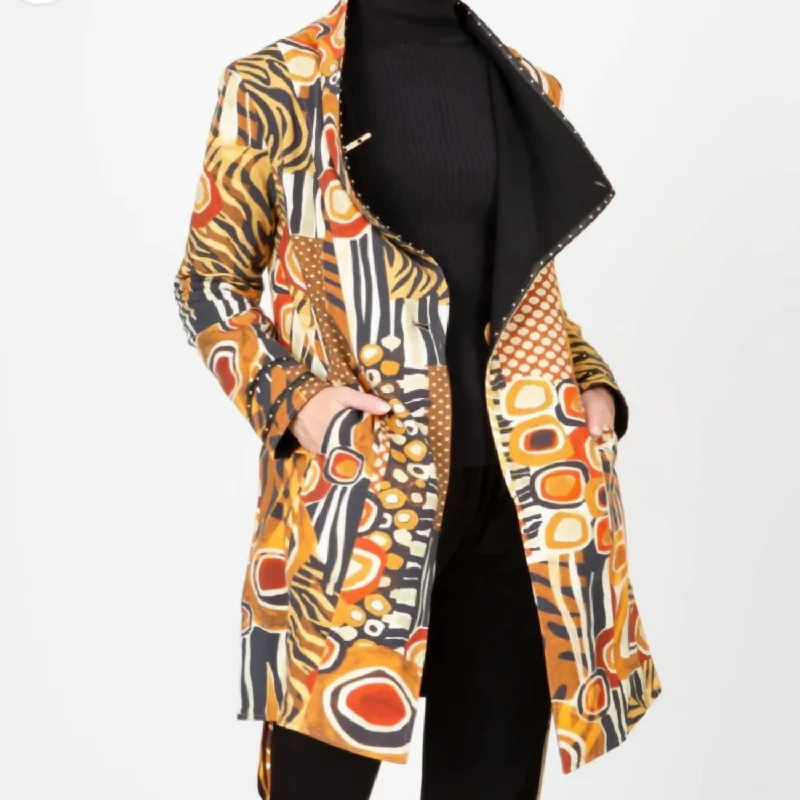 Soft velvet tops for evening-Reversible Abstract Animal Mix Car Coat In Multi