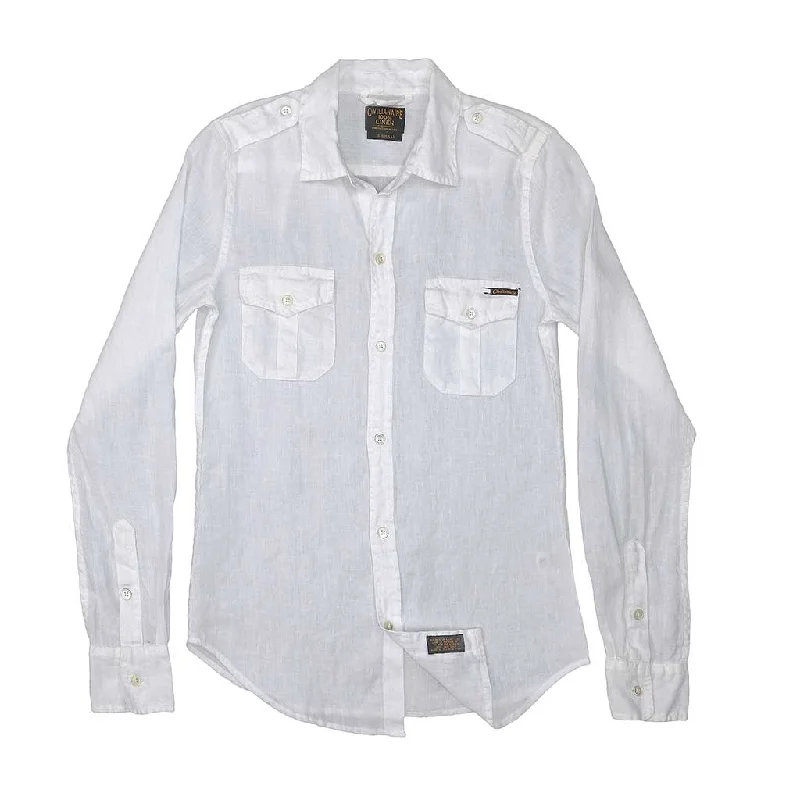 Trendy plaid shirts for women-Long Sleeve Officer Linen Shirt - White