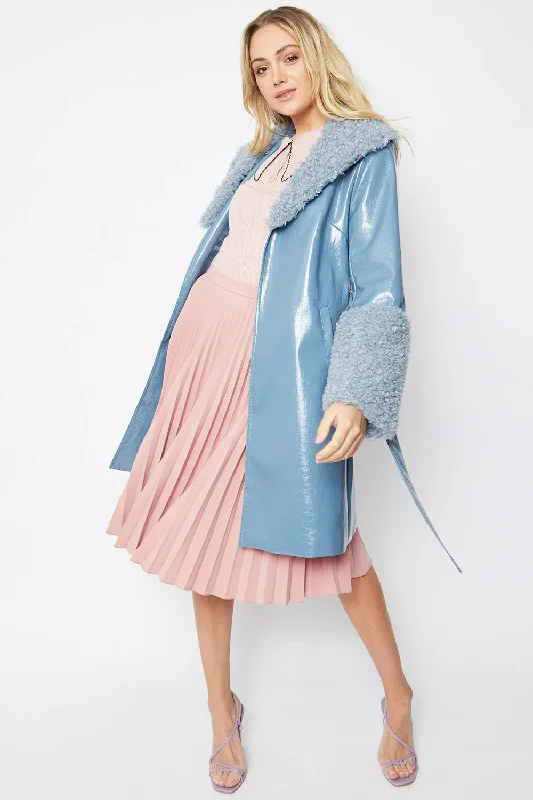 Affordable rompers for summer-Blue Faux Leather Trench Coat with Faux Shearling Collar and Cuffs