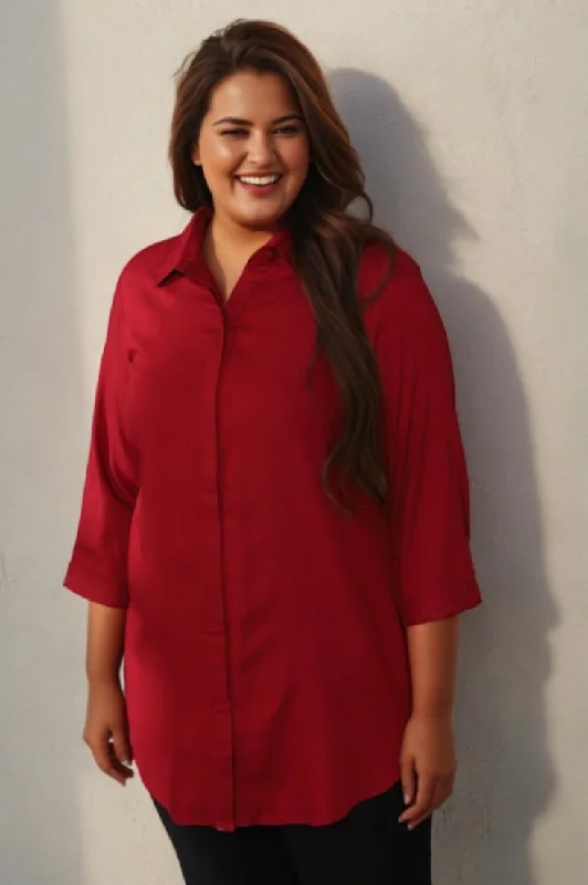 Elegant evening tops with lace-Plus Size Red Shirt