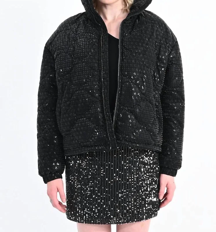 Puffer Down Jacket With Houndstooth Pattern In Black  Metallic