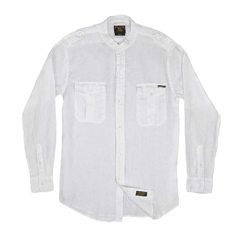 Stylish crop tops for summer-Long Sleeve COLLARLESS Officer Linen Shirt - White