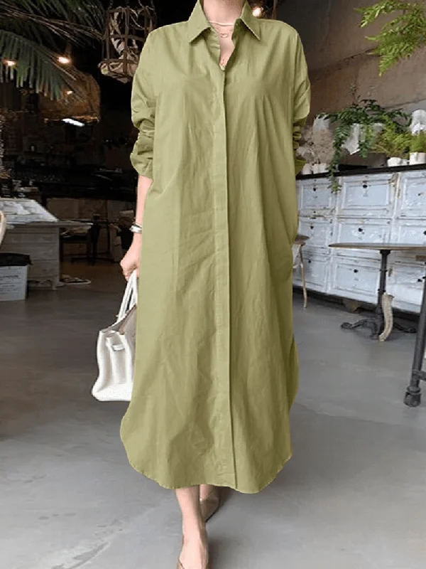 Vintage sundresses with sleeves-Women Brief Style Solid Color Turn-Down Collar Long Sleeve Casual Shirt Dress