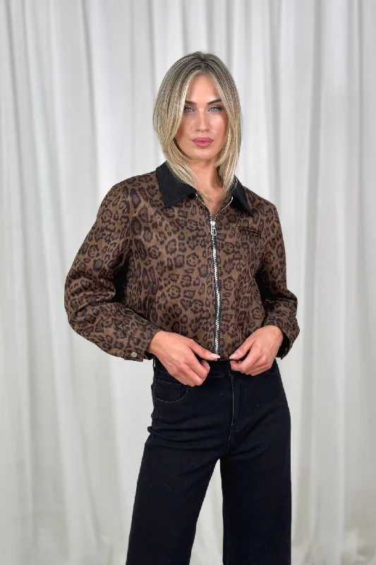 Affordable linen dresses for women-Kiera Crop Bomber Jacket In Leopard Print