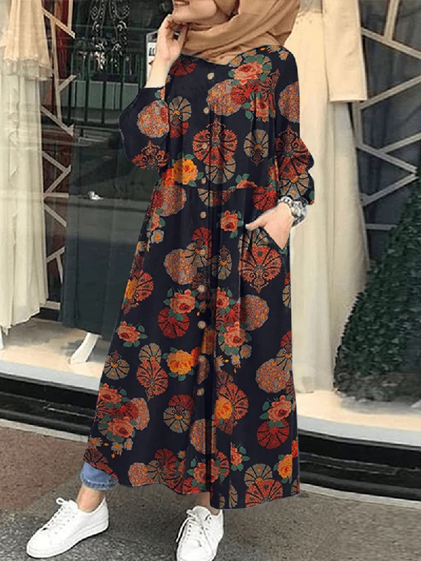 Affordable denim overalls for women-Women Retro Floral Print O-Neck Button Robe Shirt Maxi Dress with Pocket