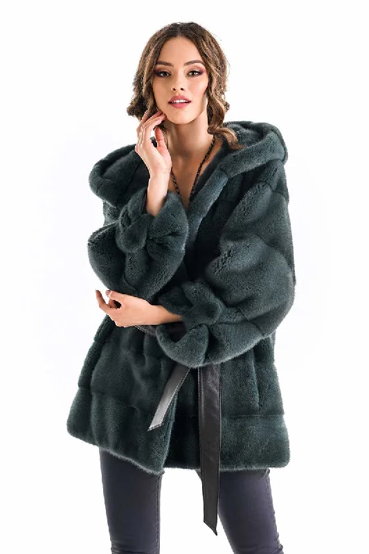 Affordable boho pants for women-Olive Elegant Genuine Mink Fur Hooded Coat