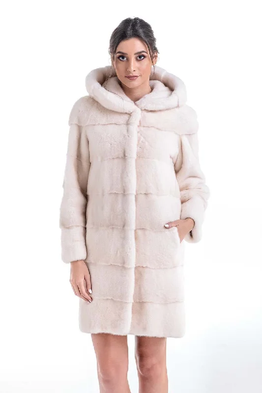 Trendy athleisure wear for women-Luxury Ivory Natural Hooded Mink Fur Coat