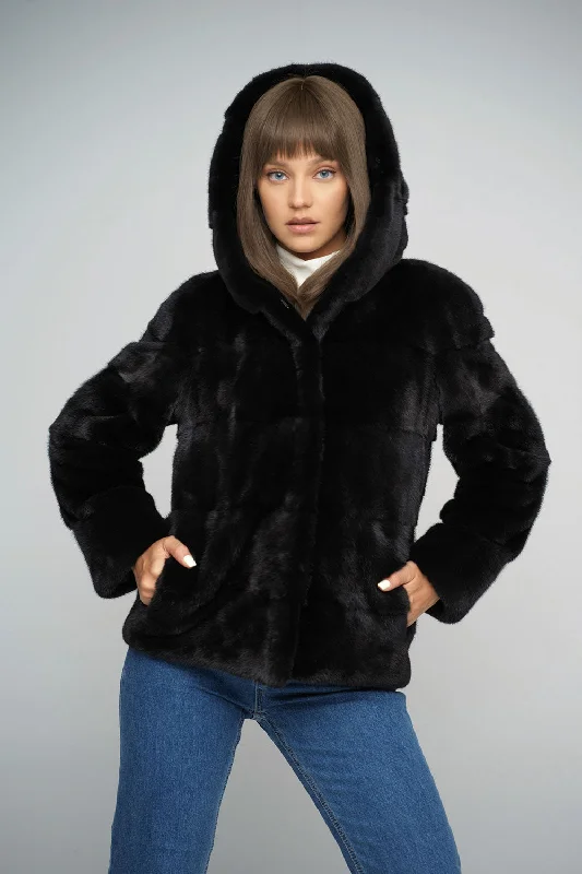 Vintage denim jackets for women-Black Luxury Genuine Mink Fur Hooded Jacket