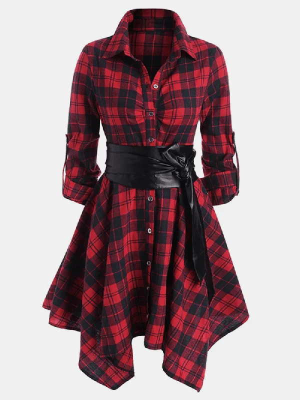 Casual hoodies for women-Women Classic Plaid Asymmetrical Shirt Dress with Belt