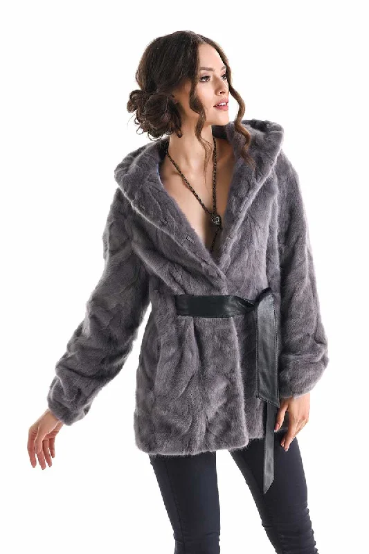 Luxury wool coats for women-Gray Hooded Genuine Mink Fur Coat with Leather Belt