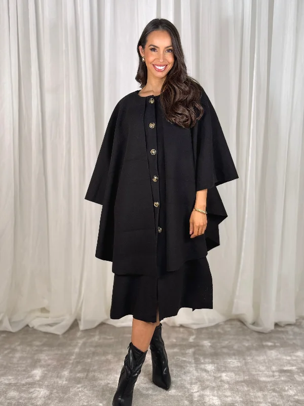 Soft velvet tops for evening-Indie Cape Overlay Coat In Black