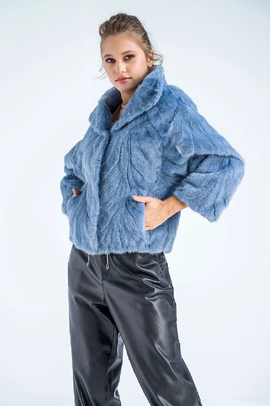 Elegant silk dresses for women-Blue Genuine Mink Fur Jacket