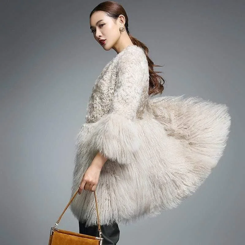 Luxury wool coats for women-Real Fur Coat for Women Natural Lamb Fur with Mongolia Sh...