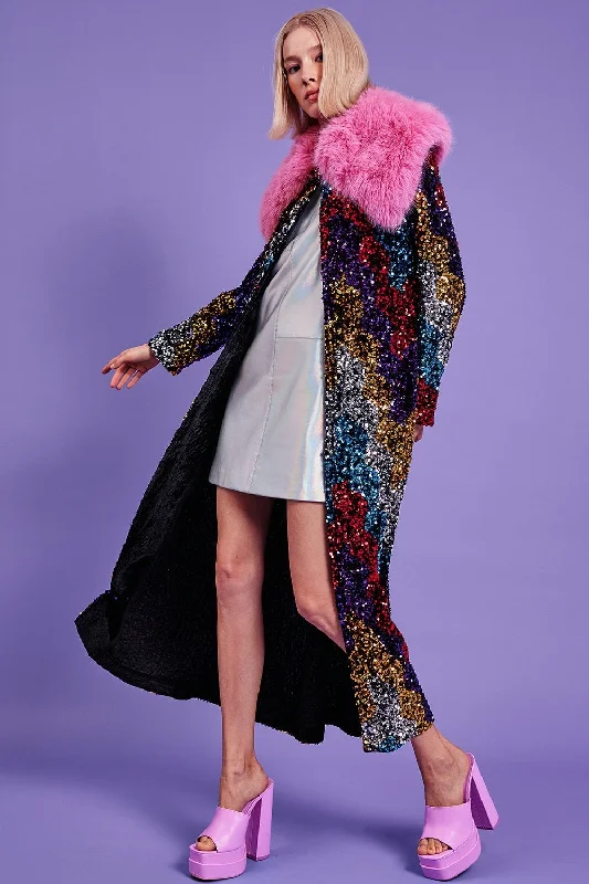 Luxury velvet dresses for parties-Black Sequin Velvet Trench Coat with Pink Faux Fur Collar