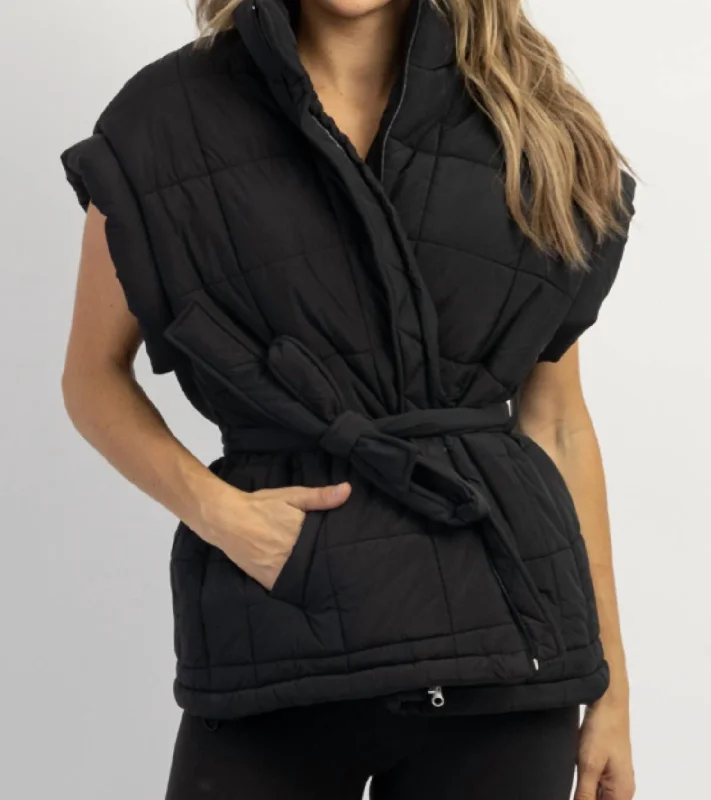 Luxury wool coats for women-Avalon Tie Quilted Puffer Vest In Black