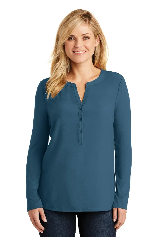 Affordable boho jackets for fall-Port Authority Womens Concept Jersey Long Sleeve Henley T-Shirt - Dusty Blue