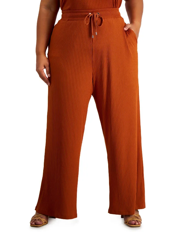 Affordable boho pants for women-Plus Womens Ribbed Comfy Wide Leg Pants