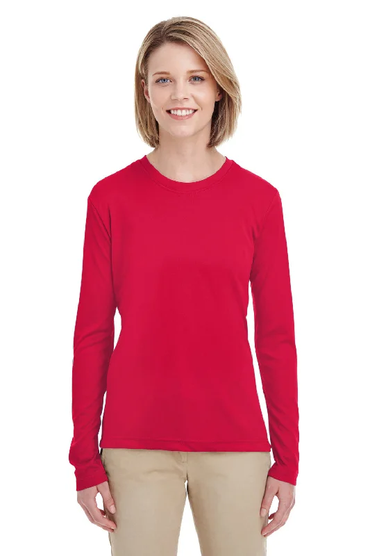 Luxury evening gowns in red-UltraClub Womens Cool & Dry Performance Moisture Wicking Long Sleeve Crewneck T-Shirt - Red