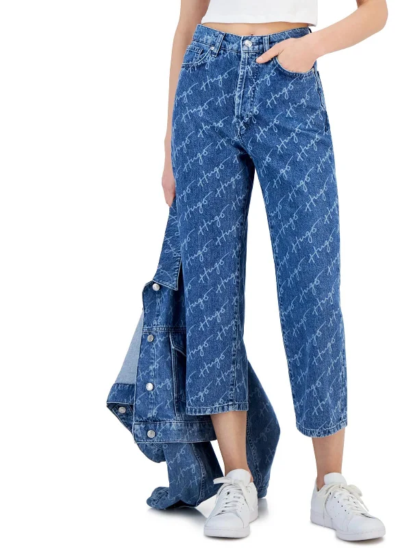 Casual linen pants for women-Womens High Rise Logo Wide Leg Jeans