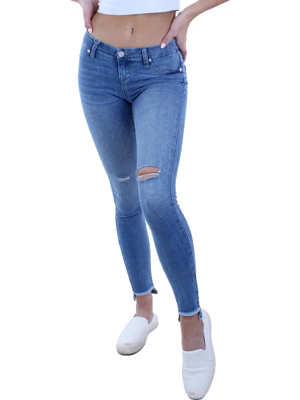 Affordable jumpsuits for women-Spray-On Womens Mid-Rise Distressed Skinny Jeans