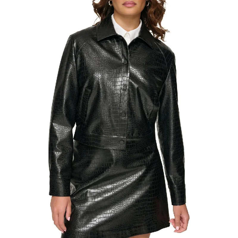 Elegant chiffon blouses for women-Calvin Klein Womens Faux Leather Cropped Motorcycle Jacket