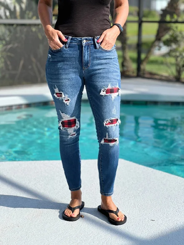 Trendy athleisure wear for women-Women's Take Me To Buffalo Patch Jeans In Blue