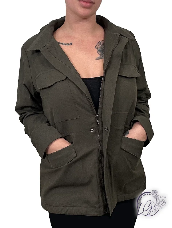 Stylish jumpsuits for casual outings-Military Chic Fur-Lined Zip Jacket