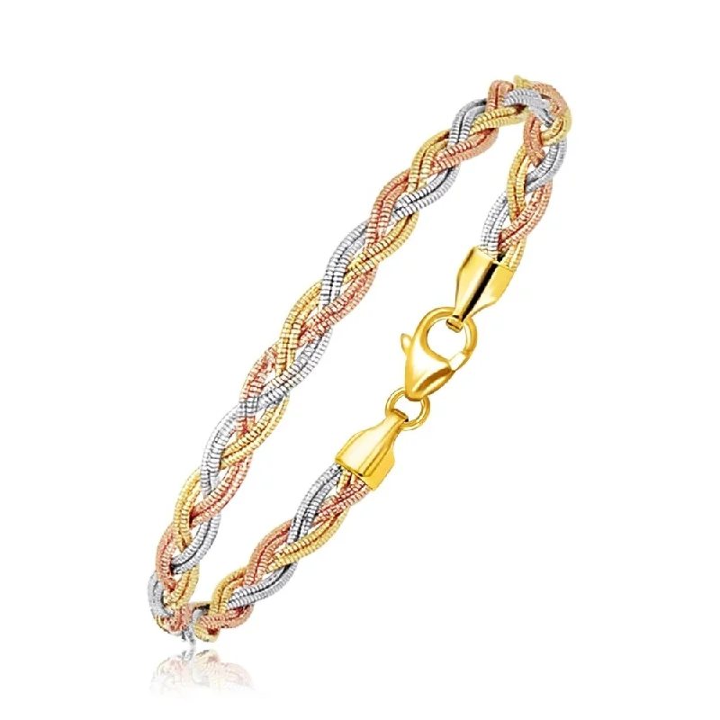 Vintage-inspired cocktail rings-14k Tri-Tone Gold Braided Design Multi Strand Mirror Spring Bracelet