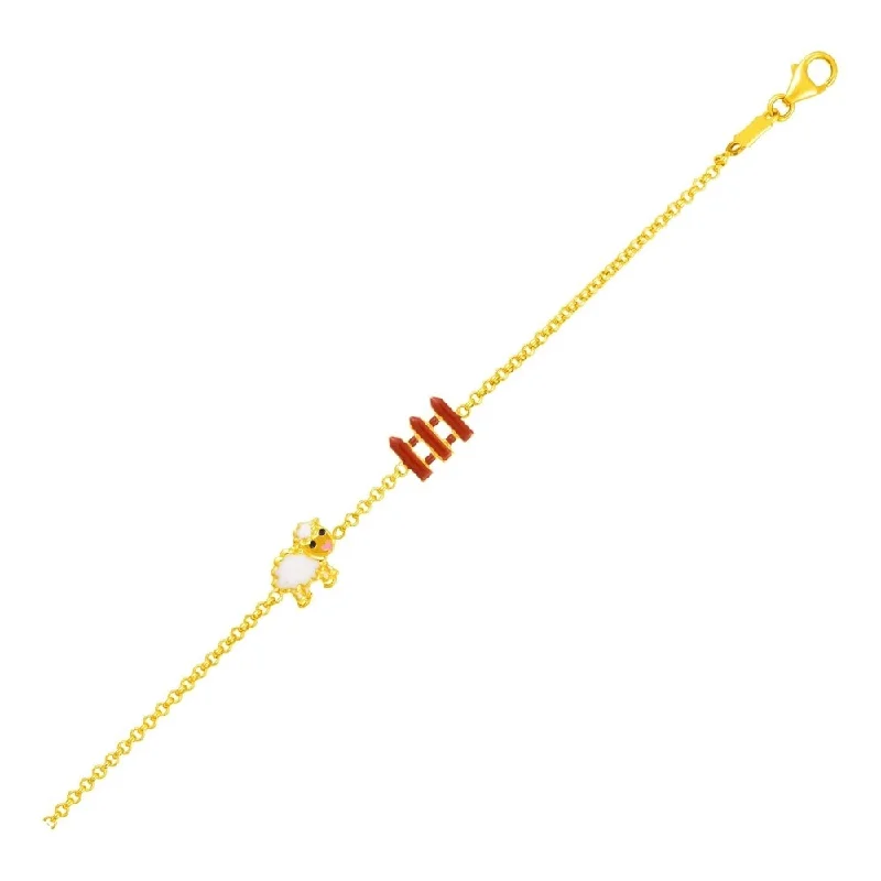 Casual beaded bracelets for summer-14k Yellow Gold Childrens Bracelet with Enameled Sheep and Fence