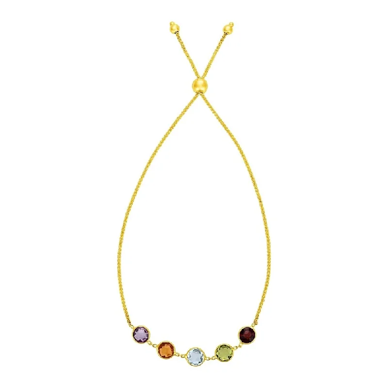 Cute charm necklaces for teens-Adjustable Bracelet with Multicolored Medium Round Gemstones in 14k Yellow Gold