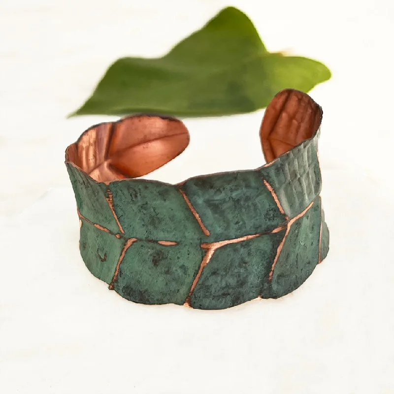 Chic minimalist rings for women-Patina Copper Leaf Cuff, India