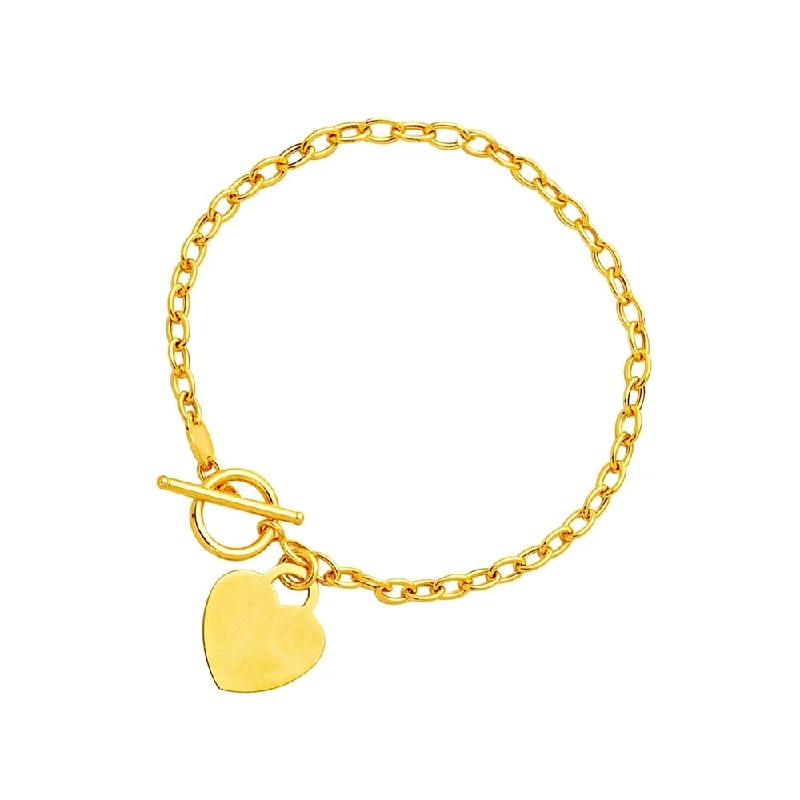 Affordable hoop earrings for daily-Toggle Bracelet with Heart Charm in 14k Yellow Gold