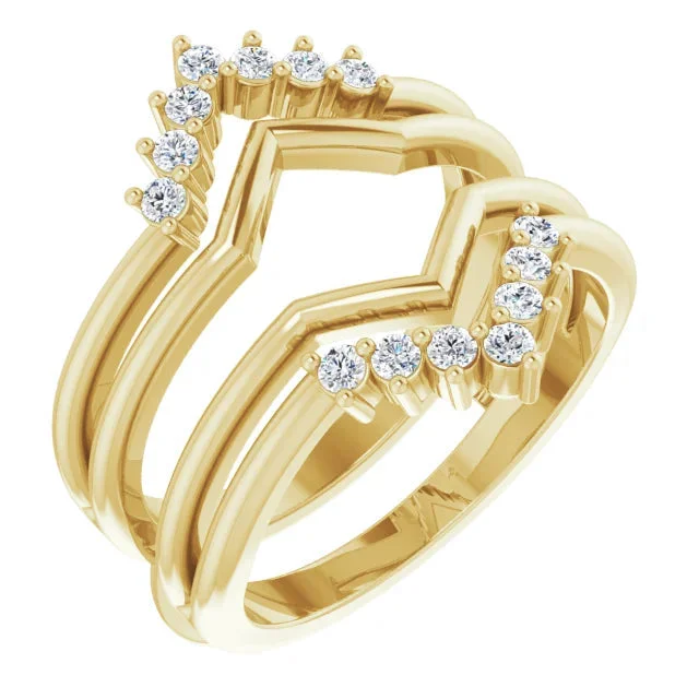 Elegant gold drop earrings-14K Gold Chevron Shape Double Diamond Ring Guard Wedding Band