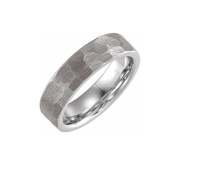 Vintage-inspired cocktail rings-18K White Gold PVD 6 mm Hammered Texture Tungsten Band