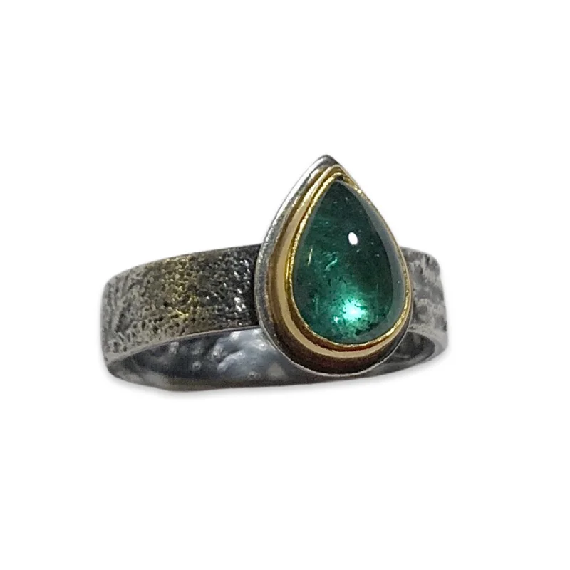 Elegant emerald rings for women-Bi-Colored Aqua Green Cabochon Pear Shape Tourmaline Ring