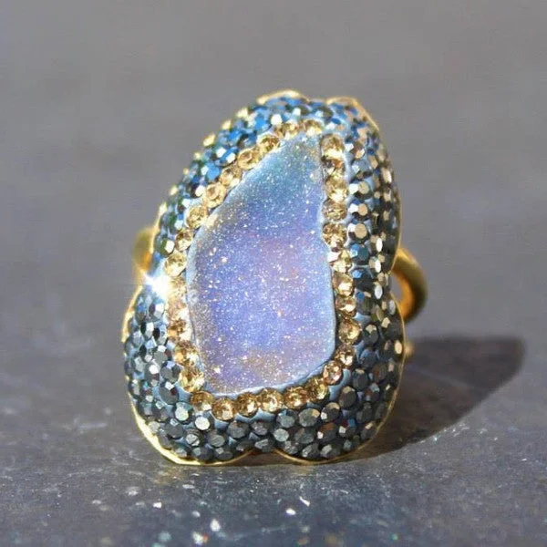 Affordable silver stud earrings-Mood Ring - 24k Gold, Sky Druzy & Swarovski Crystal Cocktail Ring