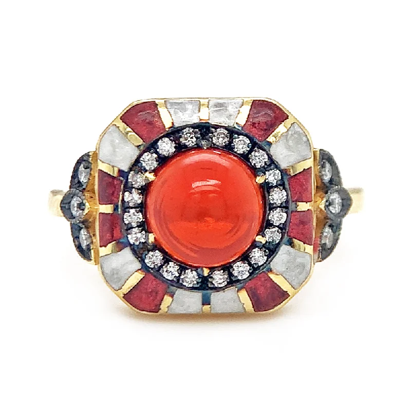 Luxury ruby necklaces for women-Fire Opal Cabochon, Diamond, & Enamel Ring - "Fireheart"