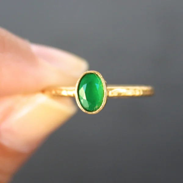 Trendy layered jewelry sets-Nara Ring - 24k Gold Dipped Green Emerald Crystal Solitaire Stackable Ring