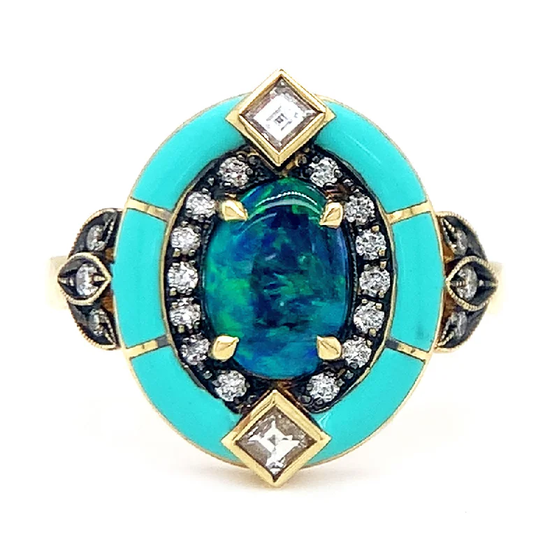 Vintage pearl brooches for women-Freeform Opal, Diamond, & Enamel Ring - "Mother Earth"