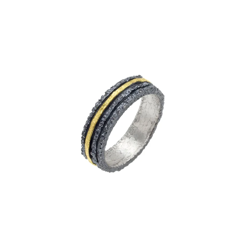 Trendy stackable bracelets for women-Apostolos Textured Ring in Oxidized Silver and 18k Gold