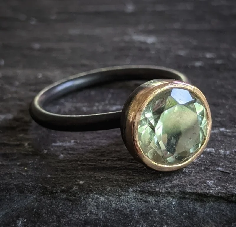 Stylish silver cuffs for women-9 MM Round Green Amethyst 18k Gold Cup and Oxidised Silver Ring