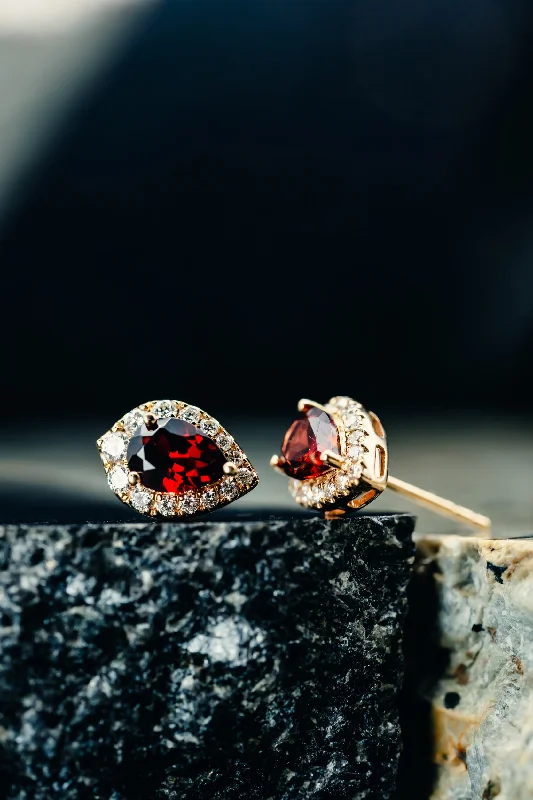 Designer opal bracelets for women-14k Yellow Gold Mozambique Garnet and Diamond Halo Stud Earrings