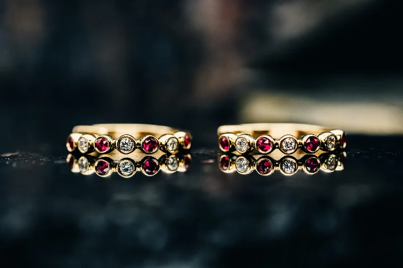 Elegant gold bangles for women-14k Yellow Gold Ruby and Diamond Hoop Earrings